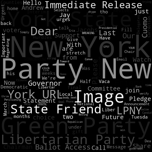 New York, Party New, Green Party, York State, Image, Libertarian Party, State Friend, Dear, York URL, LPNY, Immediate Release, Friend, Please, Governor, Cuomo, Our, Last, Ballot Access, Hello, join, Chairman, Jay, Jacobs, Watch, With, just, two, Committee, are, Andrew, voter, choice, Call, from, Statement, Pledge, Now, Support, Future, Share, TOMORROW, Tuesda, his, tho, talk, We're, home, stretch, under, months, Democratic, March, final, weeks, urges, Was, Give, gift, back, Fill, Interim, Vaca, Revives, Hurdles, Half, Counties, Have, Local, Liber, Urgent, Message, Important, Announcement, Regarding, Libertar, Correction, Email, Selects, National, Convention, Delegates, Dea, Chair, Petitioning, win, governmen, Keep, Moving, Toward, Goal, Conve, Help, Maintain, Phone, Bank, click, link, below, verify, time, Republican, Presidential, Candid, trying, throw, YOUR, LEGISL, Simply, BREAKING, Climate, Cris, Got, GPNY, Name, body_text, dtype, string